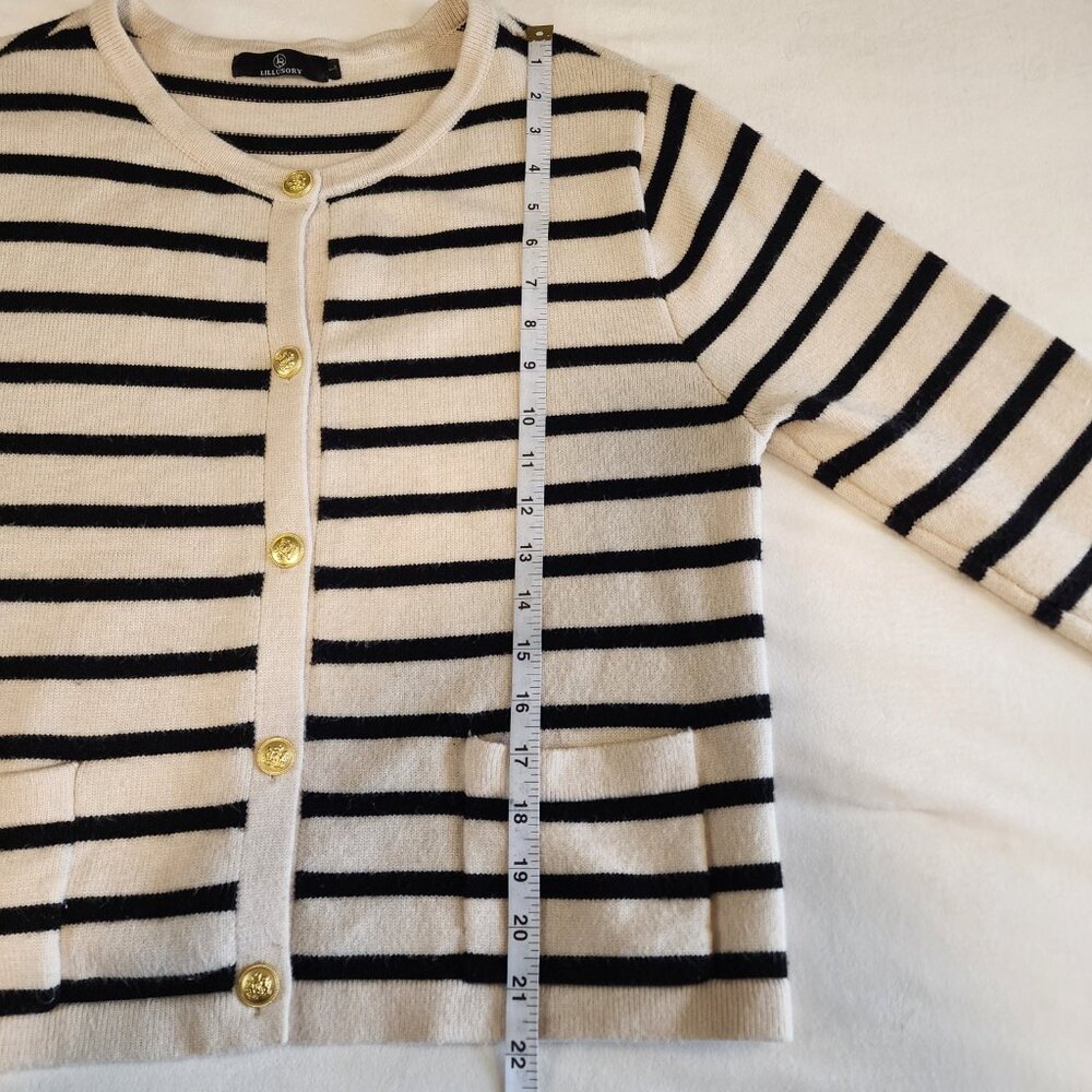 LILLUSORY Striped Cardigan Sweater Lady Jacket Gold Buttons Black & Cream Size L - Picture 10 of 13